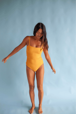 Women's Strappy One Piece in Yellow Ribbed