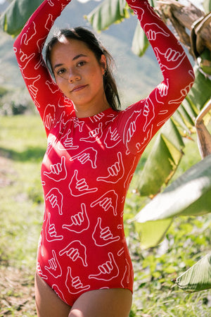 Women's Long Sleeve Zip Up in Red Shaka