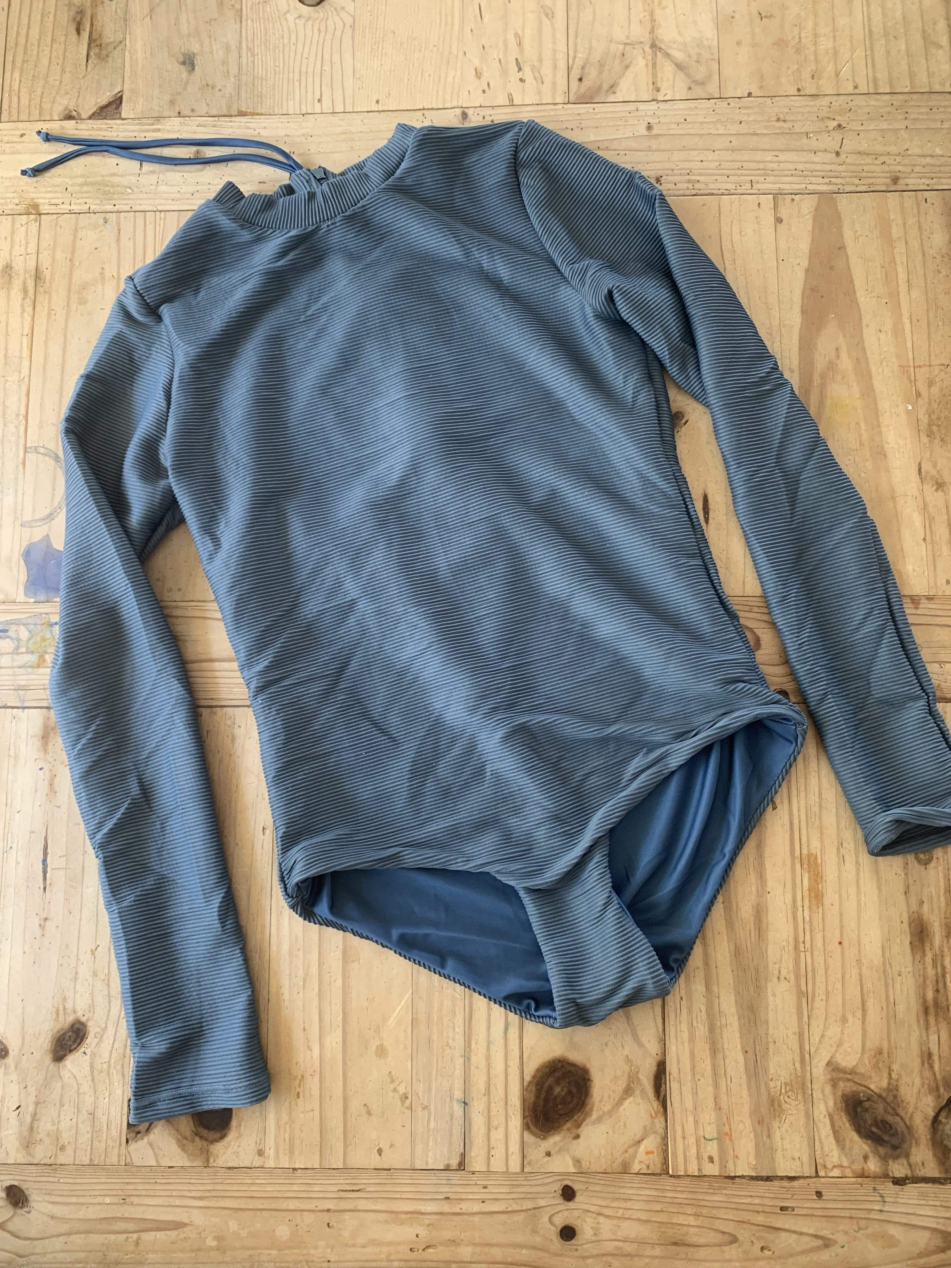 Women's Long Sleeve Zip Up in Steel Blue Ribbed - OF ONE SEA