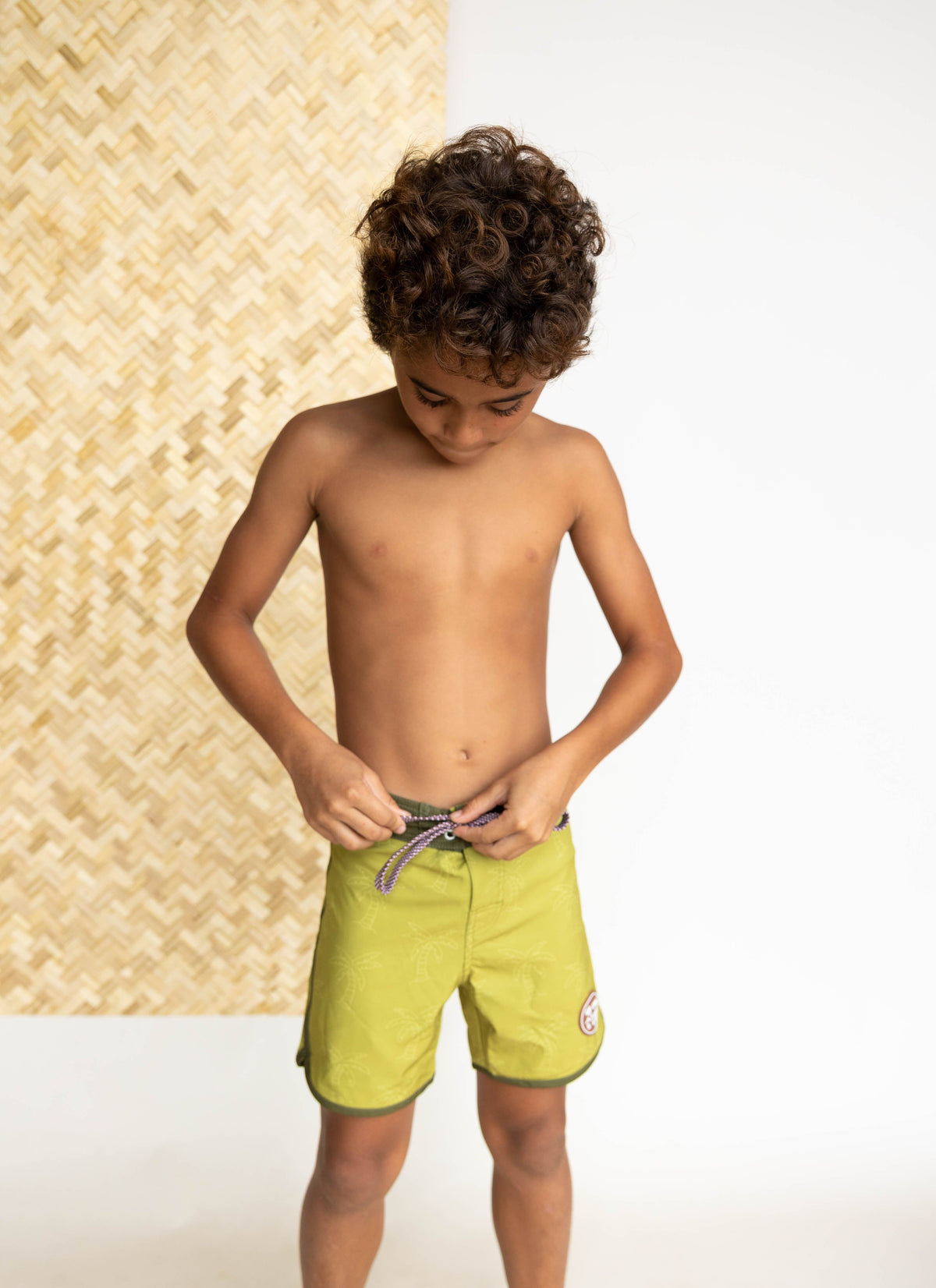 Kid’s Retro Boardshorts in Green Palm Trees