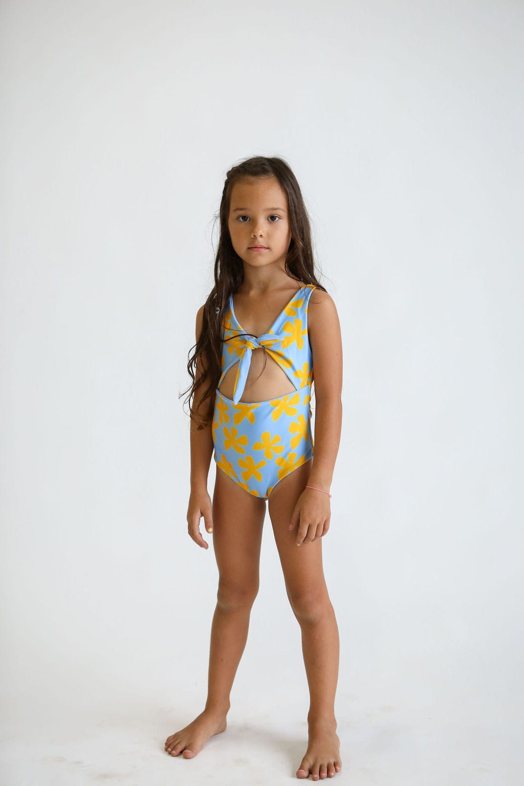 Girl's Cutout One Piece in Light Blue Plumeria