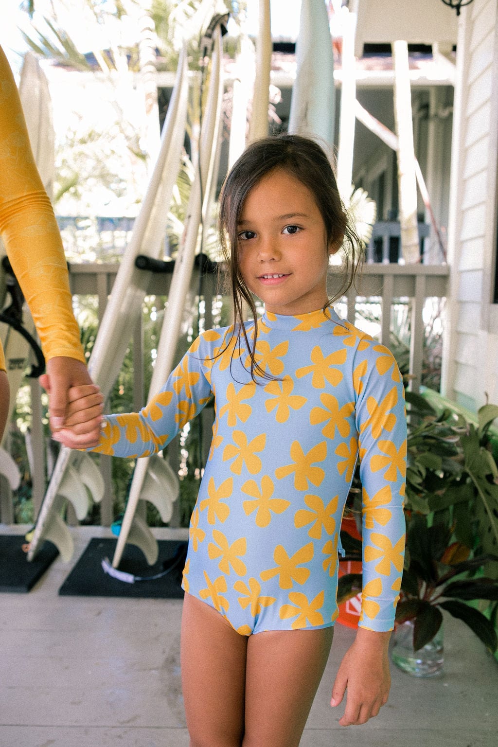 Girl's Long Sleeve Zip Up in Light Blue Plumeria