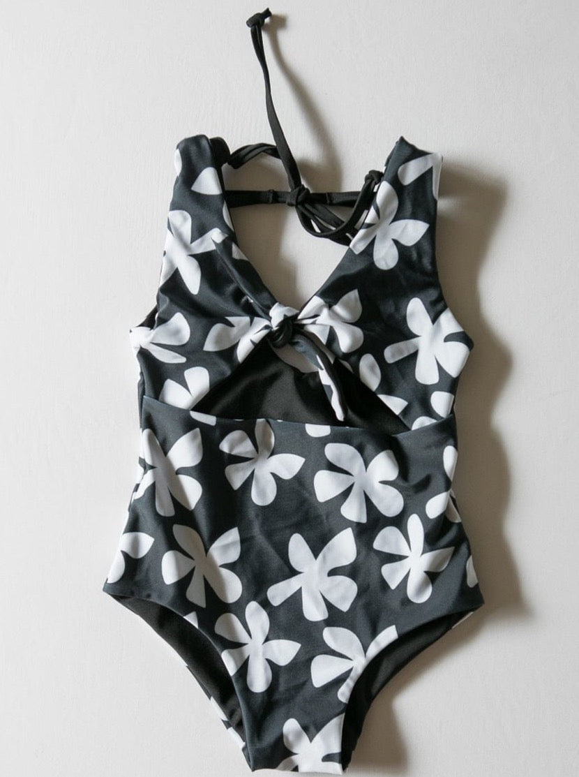 Girl's Cutout One Piece in Black Plumeria