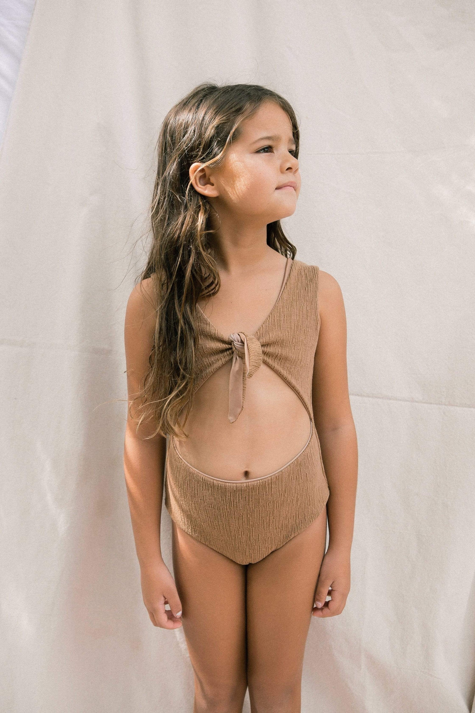 Girl's Cutout One Piece in Camel Texture