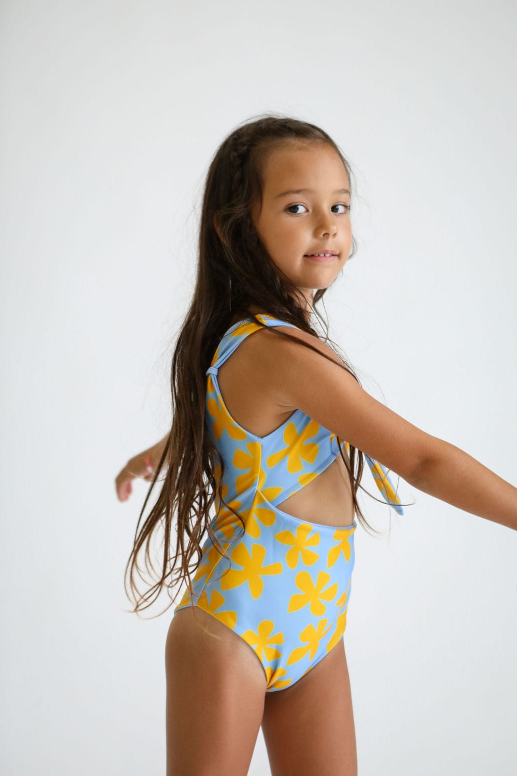 Girl's Cutout One Piece in Light Blue Plumeria