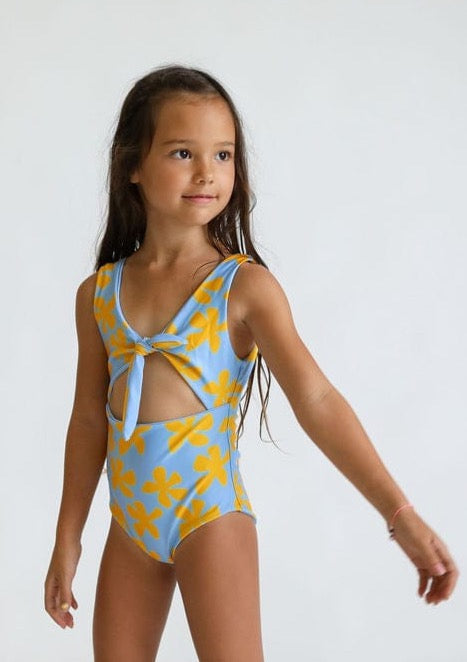 Girl's Cutout One Piece in Light Blue Plumeria