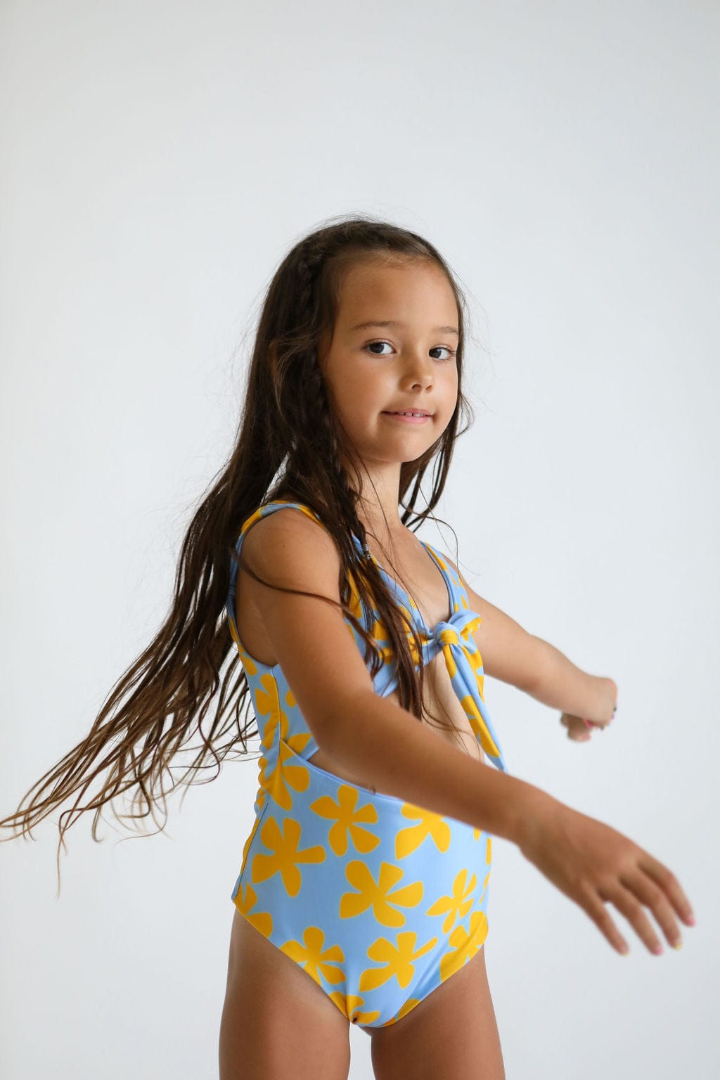 Girl's Cutout One Piece in Light Blue Plumeria