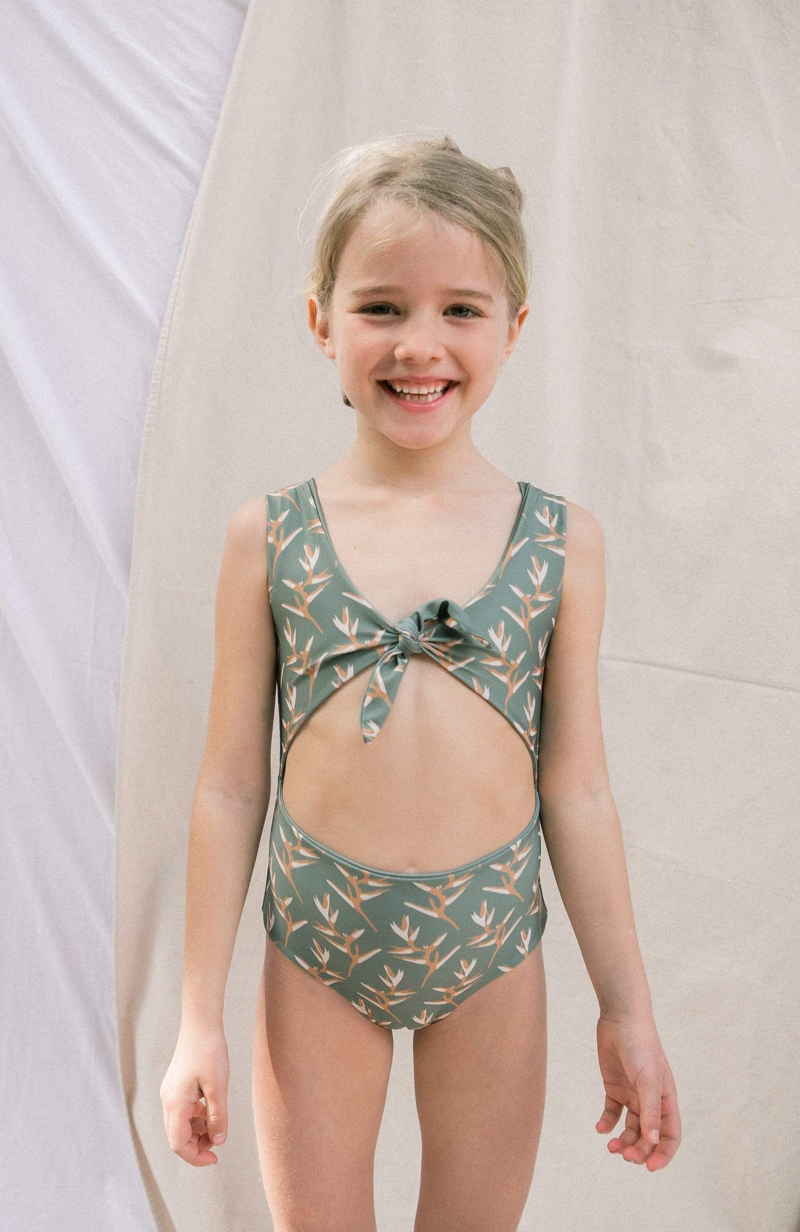 Girl's Cutout One Piece in Torch Ginger Green Seagrass