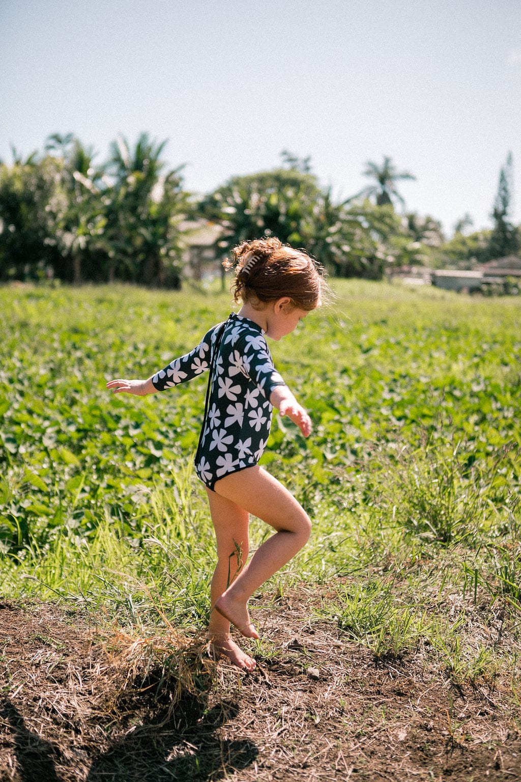 Girl's Long Sleeve Zip Up in Black Plumeria