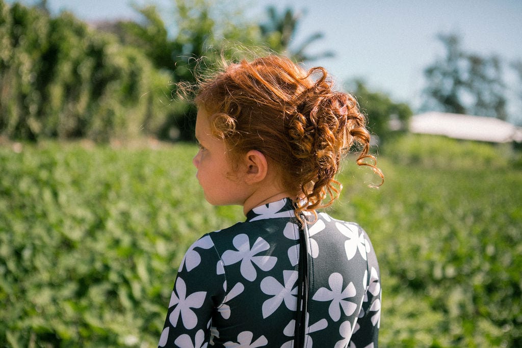 Girl's Long Sleeve Zip Up in Black Plumeria