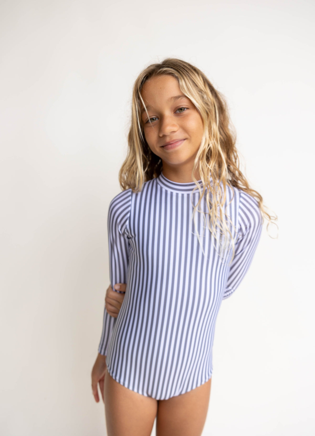 Girl's Long Sleeve Zip Up in Pinstripe