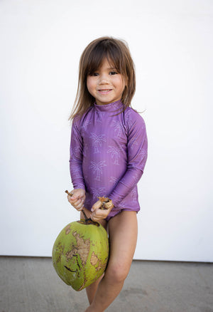 Girl's Long Sleeve Zip Up in Purple Palm Trees