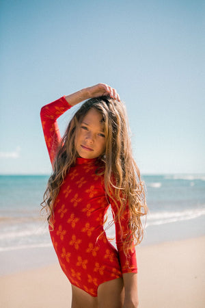 Girl's Long Sleeve Zip Up in Red Breadfruit Bandana