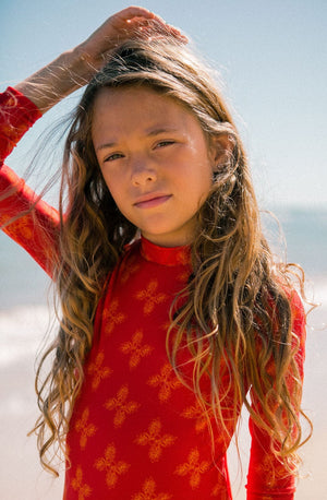 Girl's Long Sleeve Zip Up in Red Breadfruit Bandana