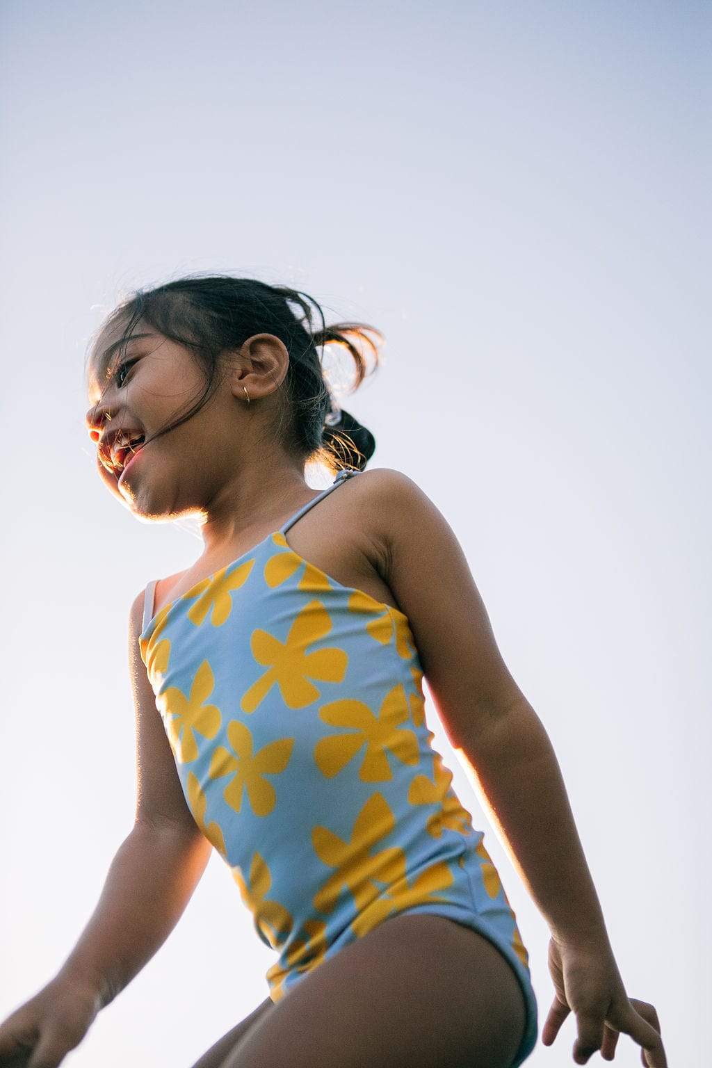Girl's Strappy One Piece in Light Blue Plumeria