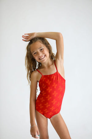 Girl's Strappy One Piece in Red Breadfruit Bandana