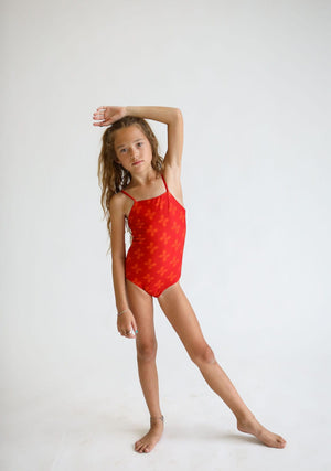 Girl's Strappy One Piece in Red Breadfruit Bandana