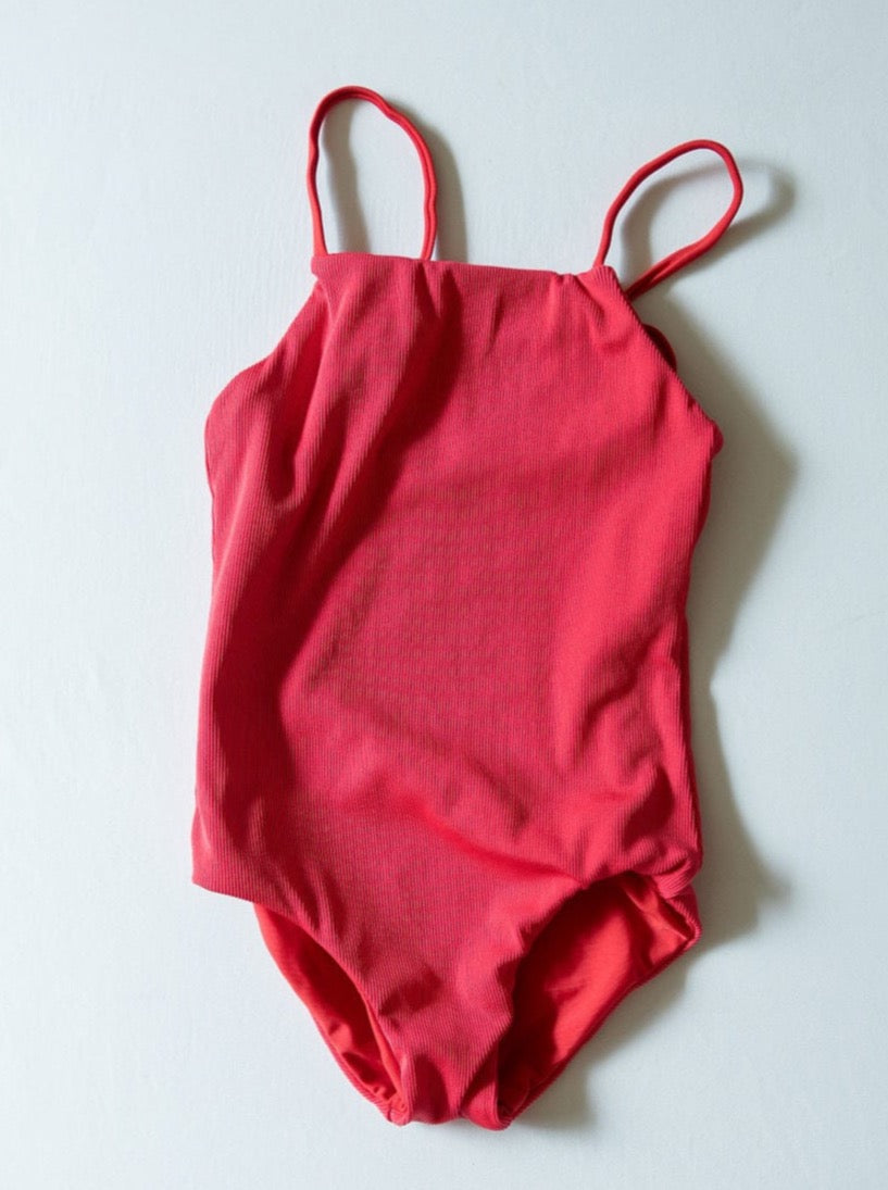 Girl's Strappy One Piece in Red Ribbed - OF ONE SEA