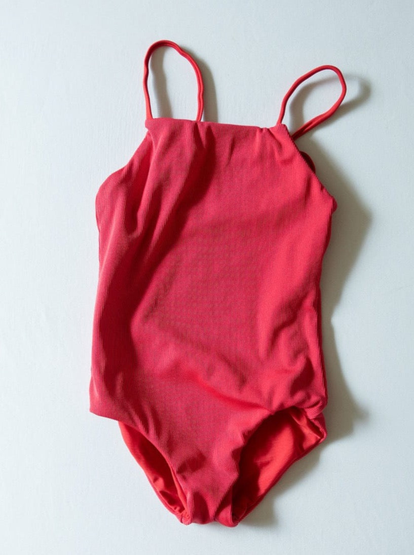 Girl's Strappy One Piece in Red Ribbed