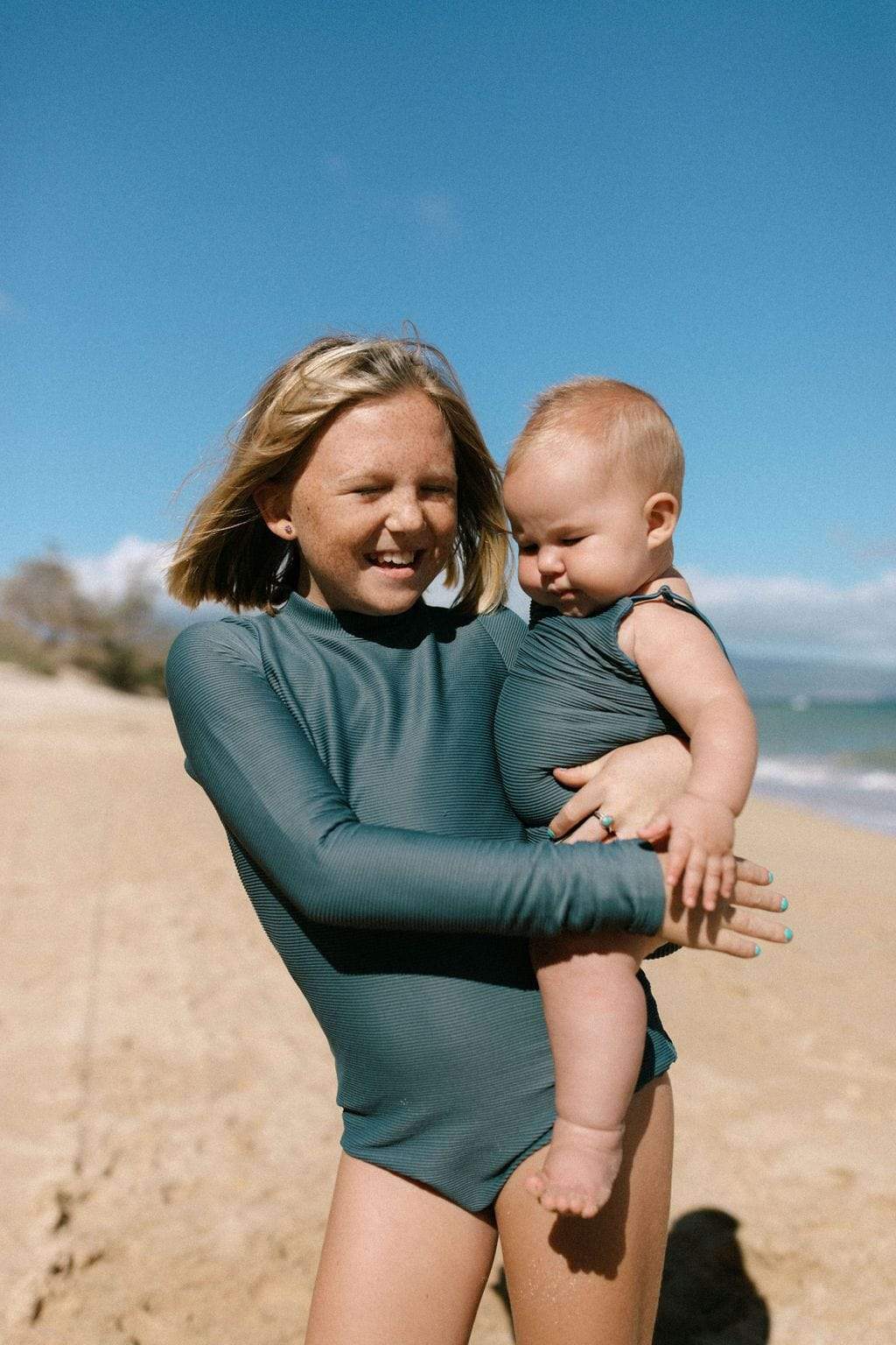 Girl's Strappy One Piece in Steel Blue Ribbed