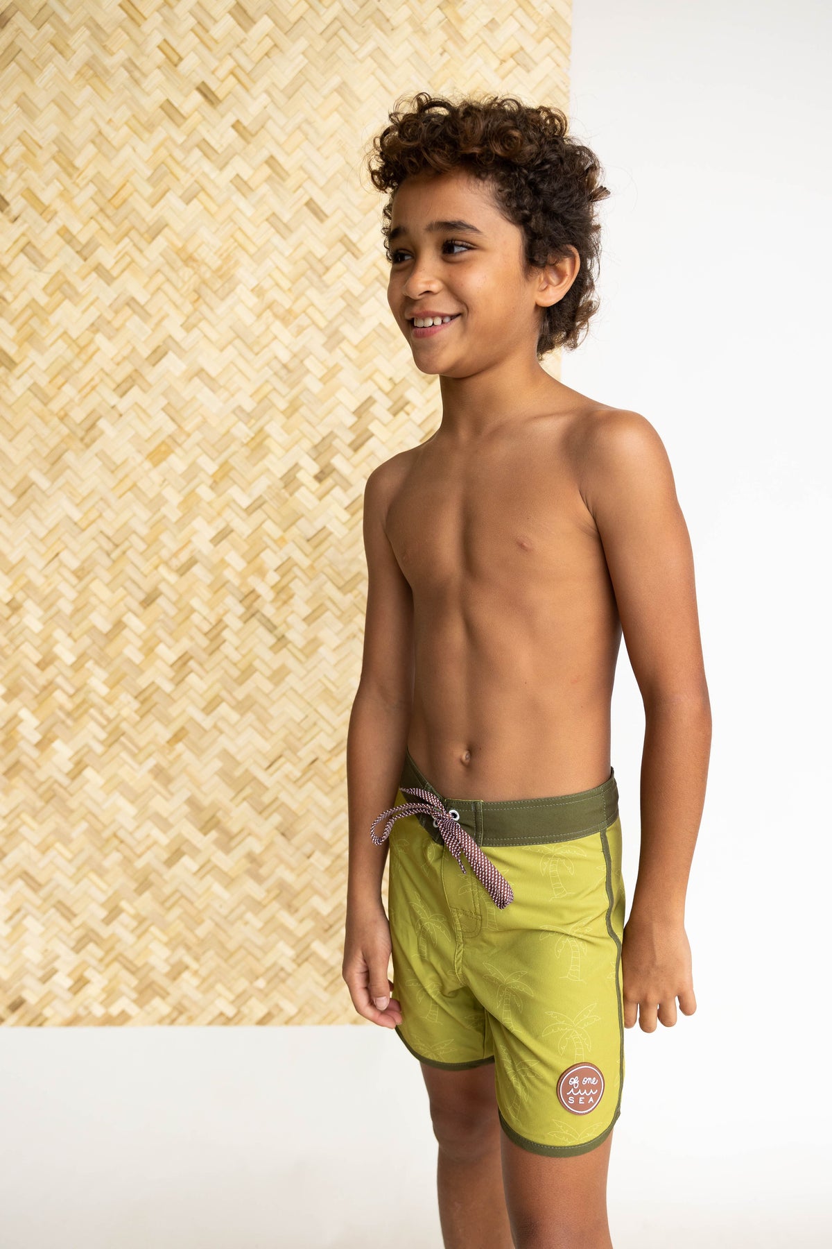 Kid’s Retro Boardshorts in Green Palm Trees