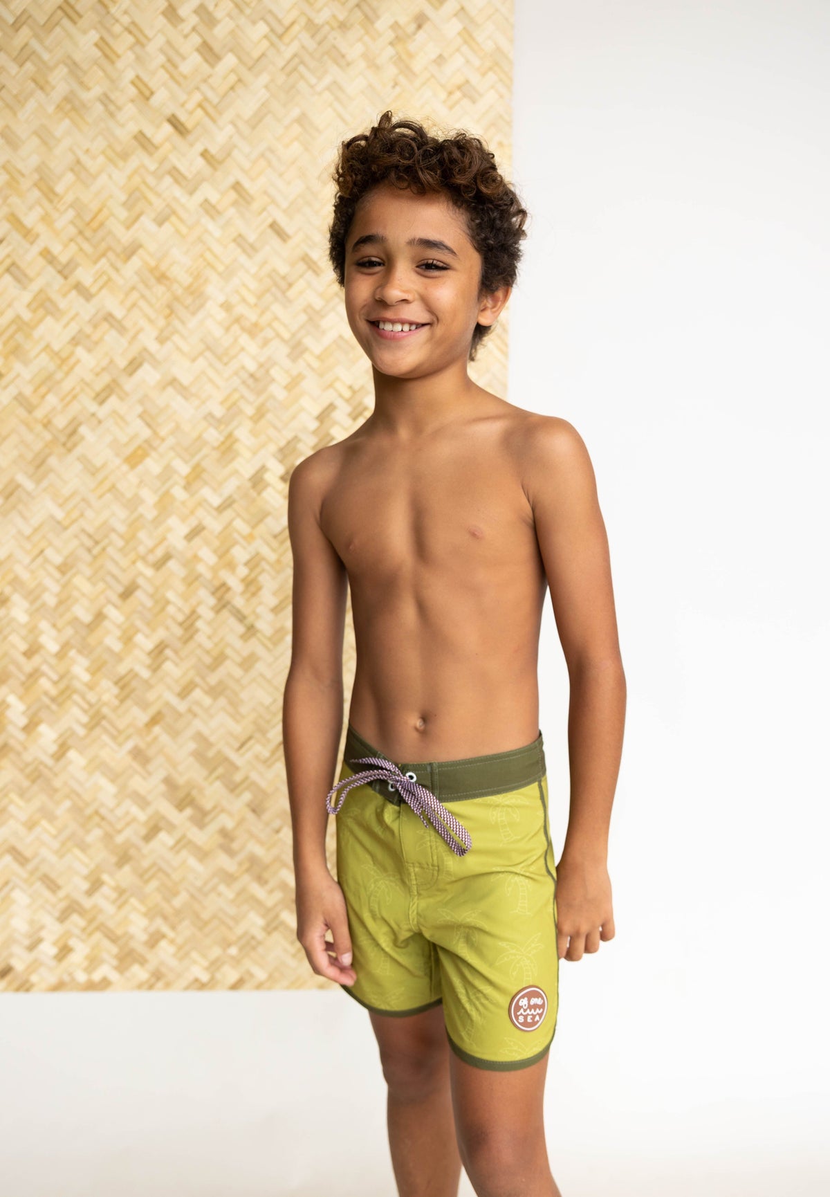 Kid’s Retro Boardshorts in Green Palm Trees