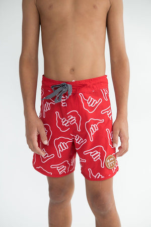 Kid’s Retro Boardshorts in Red Shaka