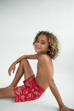 Kid’s Retro Boardshorts in Red Shaka