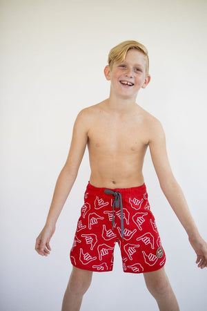 Kid’s Retro Boardshorts in Red Shaka