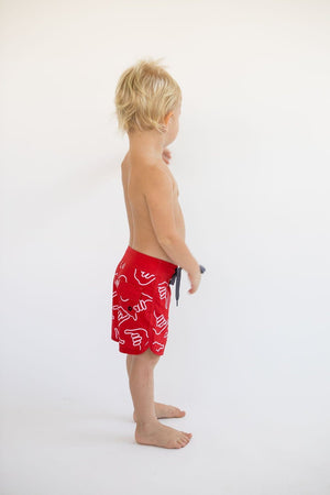 Kid’s Retro Boardshorts in Red Shaka