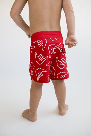 Kid’s Retro Boardshorts in Red Shaka