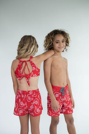 Kid’s Retro Boardshorts in Red Shaka