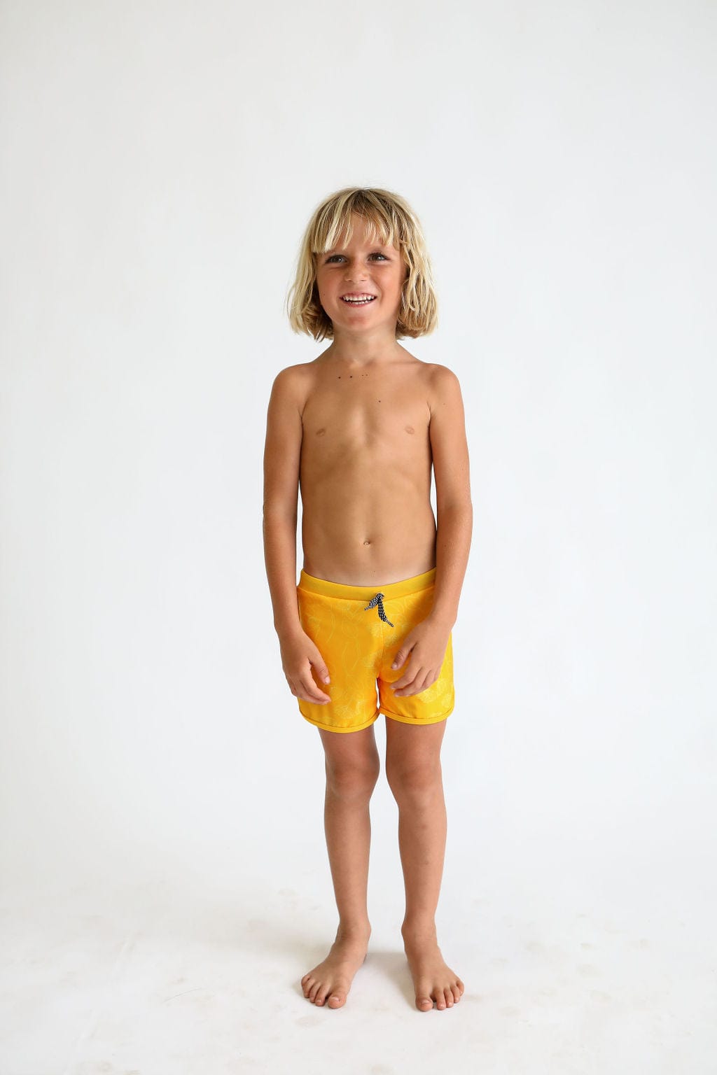 Toddler Soft Shorts for Swim in Yellow Ohia Lehua Print - OF ONE SEA