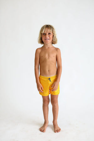 Toddler Soft Shorts for Swim in Yellow Ohia Lehua Print