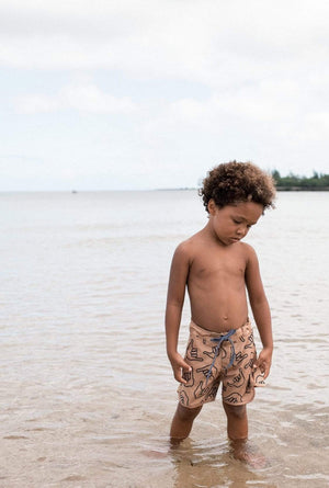 Kid’s Retro Boardshorts in Tan Shaka