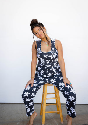 Adult Denim Overalls in Black Plumeria