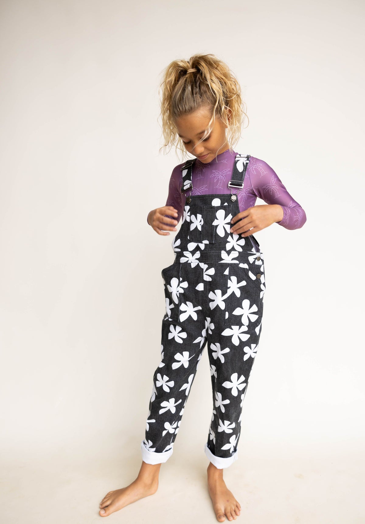 Kid's Denim Overalls in Black Plumeria