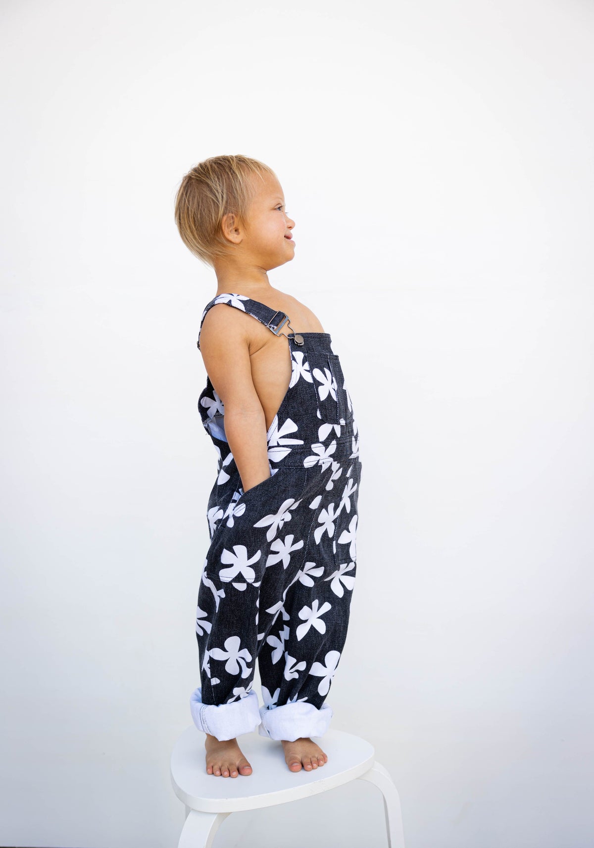 Kid's Denim Overalls in Black Plumeria