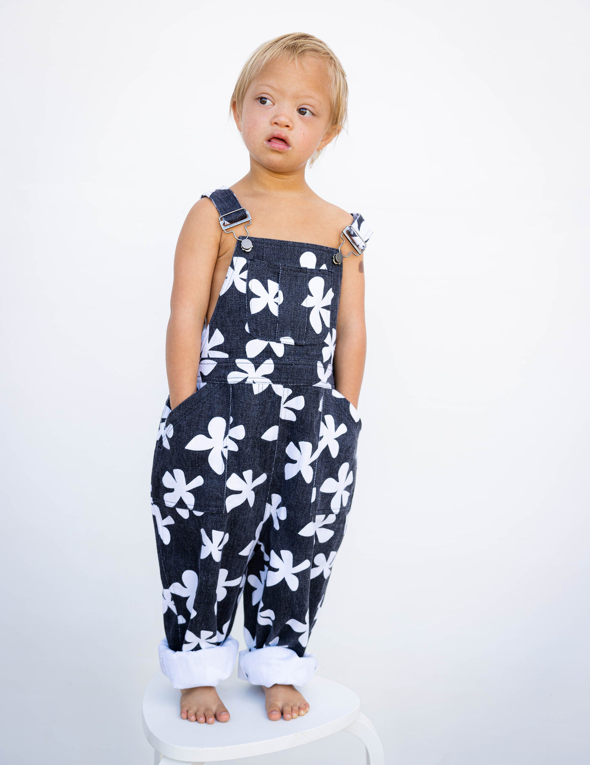Kid's Denim Overalls in Black Plumeria