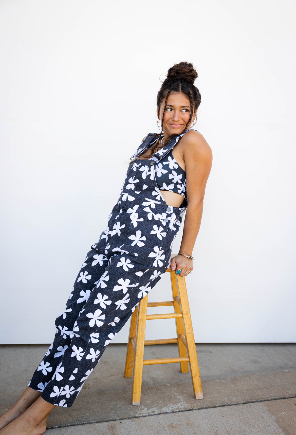 Adult Denim Overalls in Black Plumeria